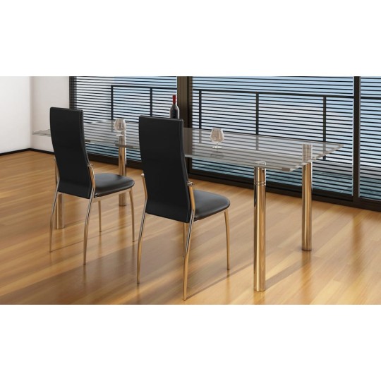 Комплект от 2 трапезни стола в стил Contemporary Minimalist от черна еко кожа и хромирана стомана