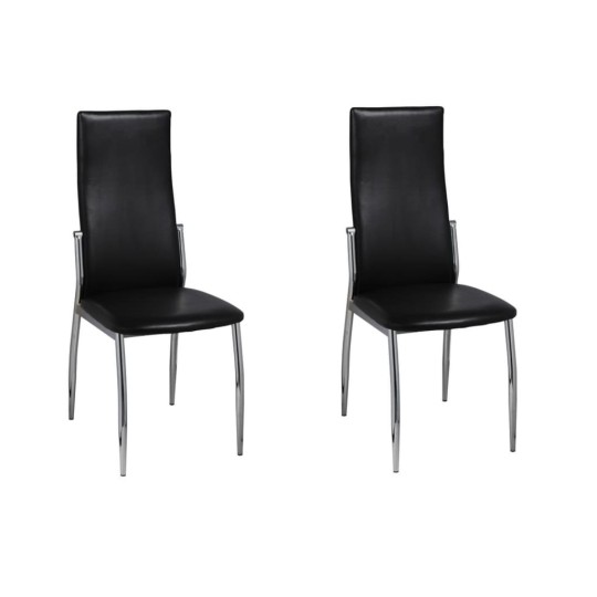 Комплект от 2 трапезни стола в стил Contemporary Minimalist от черна еко кожа и хромирана стомана