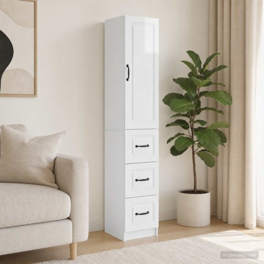 Модулен шкаф с врата и 3 чекмеджета, бял гланц, 33 x 34,5 x 174 см