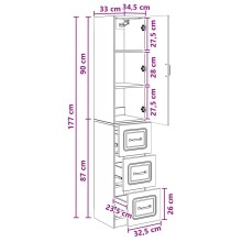 Модулен шкаф с врата и 3 чекмеджета, бял гланц, 33 x 34,5 x 174 см