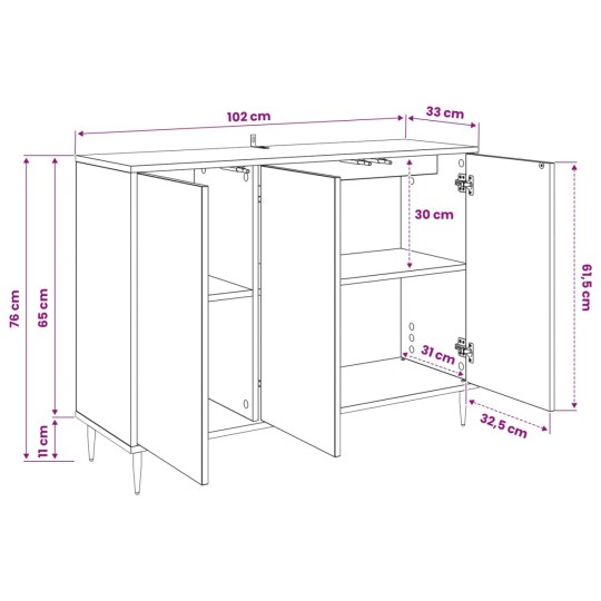 Нисък шкаф MAINZ с двуцветен флорален принт върху фронтовете, с 3 врати и 2 рафт, черен дъб, 102 x 33 x 76 см