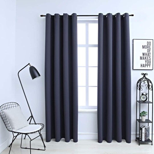 Плътни завеси в цвят антрацит с метални халки, 2 бр., 140 x 245 см