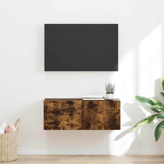 Стенен ТВ шкаф LINEA с вертикално фрезован фронт, опушен дъб, 78,5 x 30 x 29,5 см