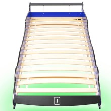 Детско легло състезателна кола с LED светлини от MDF, синьо, 90 x 200 см