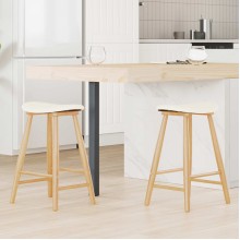 Комплект от 2 ниски бар стола тип табуретки в стил Mid-Century Modern от масивно каучуково дърво в натурален цвят и кремава тапицерия
