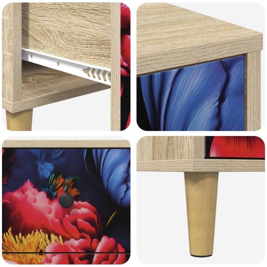 Нисък шкаф KIEL с тъмен флорален принт с божури върху фронтовете, дъб сонома, 66 x 36,5 x 75 см