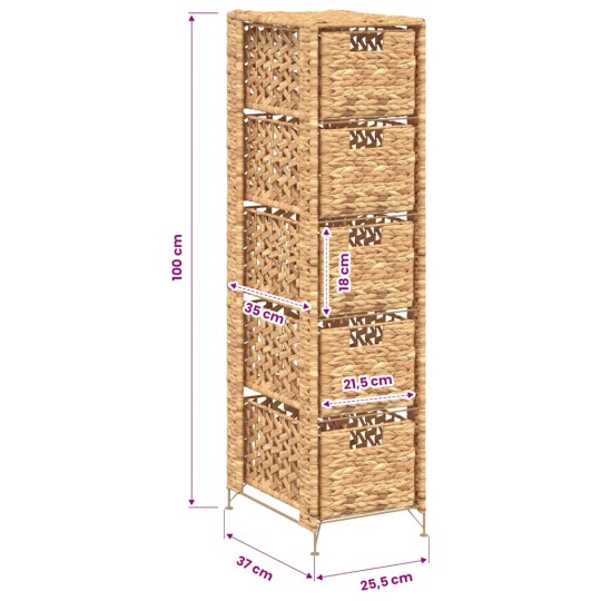 Тесен органайзер с 5 кошници от воден хиацинт, кафяв, 25,5 x 37 x 100 см