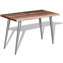 Трапезна маса в стил Mid-Century Modern, многоцветно регенерирано масивно дърво и сива стомана, 120 x 60 см