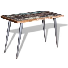 Трапезна маса в стил Mid-Century Modern, многоцветно регенерирано масивно дърво и сива стомана, 120 x 60 см