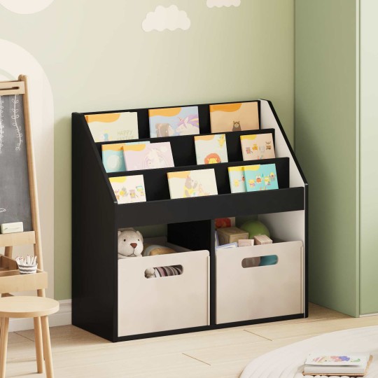 Детска етажерка за книги с открити отделения, черна, 72,5 x 29,5 x 69 см