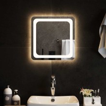LED стенно огледало за баня с USB захранване и периферна светеща рамка с омекотени ъгли, 40x40 см