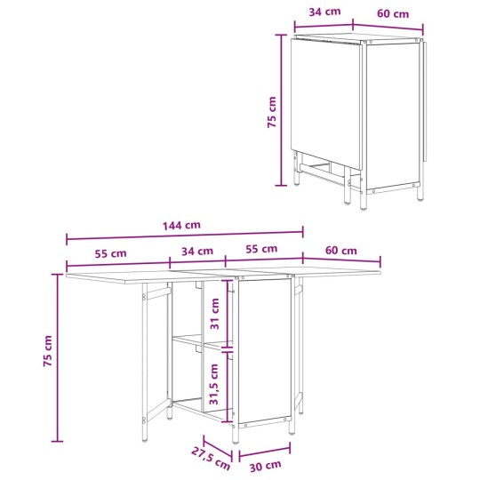 Сгъваема трапезна маса в стил Modern Minimalist, ЛПДЧ сив сонома и черен метал, 144 x 60 см