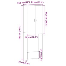 Висок шкаф за пералня с 2 врати и 3 отделения, черен дъб, 64 x 25,5 x 190 см