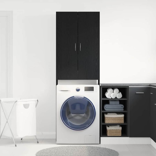 Висок шкаф за пералня с 2 врати и 3 отделения, черен дъб, 64 x 25,5 x 190 см