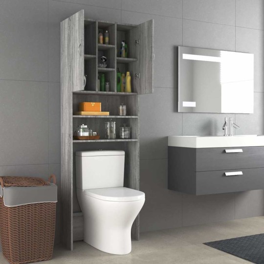 Висок шкаф за пералня с 2 врати и 9 отделения, сив дъб сонома, 64 x 25,5 x 190 см