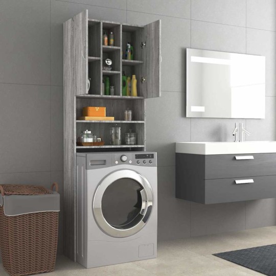Висок шкаф за пералня с 2 врати и 9 отделения, сив дъб сонома, 64 x 25,5 x 190 см
