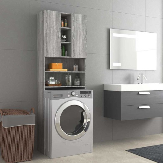 Висок шкаф за пералня с 2 врати и 9 отделения, сив дъб сонома, 64 x 25,5 x 190 см