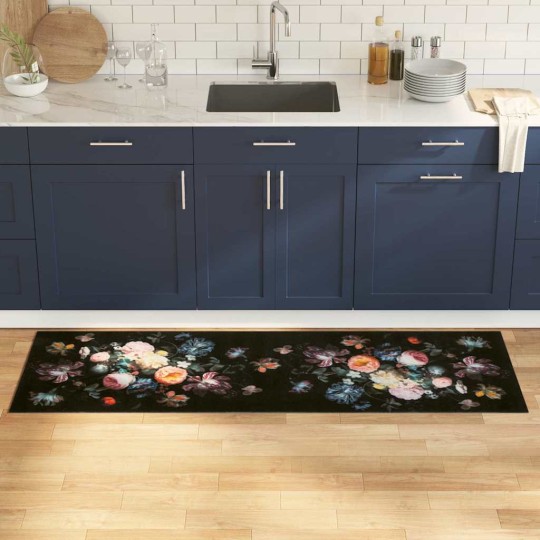 Килим за кухня Floral Print, черен 180 x 60 cm Кадифе