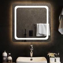 LED стенно огледало за баня с USB захранване и периферна светеща рамка с омекотени ъгли, 60x60 см