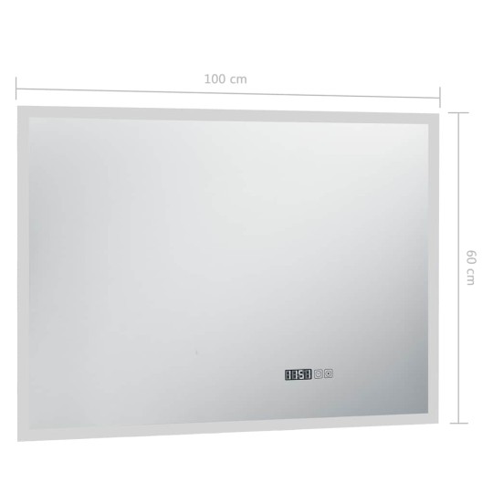 LED стенно огледало за баня със сензор за допир и дисплей за час, 100x60 см