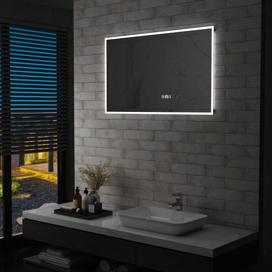 LED стенно огледало за баня със сензор за допир и дисплей за час, 100x60 см