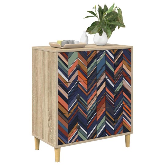 Нисък шкаф OMMEN с многоцветен геометричен принт тип шеврон върху фронтовете, дъб сонома, 66 x 36,5 x 75 см