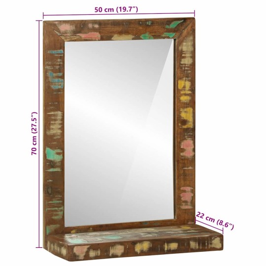 Рустикално огледало за баня от масивно регенерирано дърво с рафт, 50x22x70 см