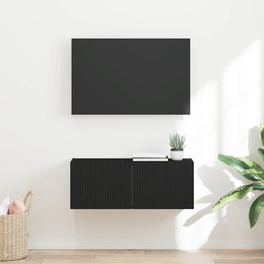 Стенен ТВ шкаф LINEA с вертикално фрезован фронт, черен, 78,5 x 30 x 29,5 см