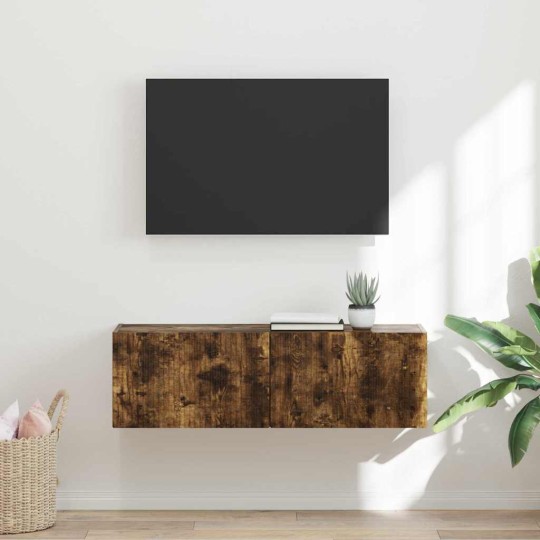 Стенен ТВ шкаф LINEA с вертикално фрезован фронт, опушен дъб, 98 x 31 x 29,5 см