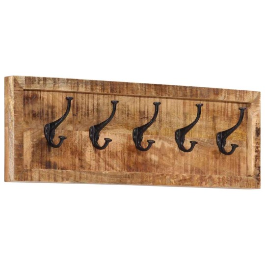 Стенна закачалка с 5 извити куки, масивна мангова дървесина, 80 x 25 x 9 см