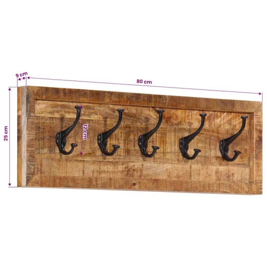 Стенна закачалка с 5 извити куки, масивна мангова дървесина, 80 x 25 x 9 см