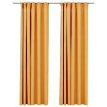 Завеси с ленена текстура в цвят горчица с перделък, 2 бр., 140 x 225 см