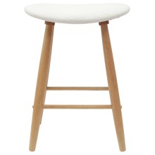 Комплект от 2 ниски бар стола тип табуретки в стил Mid-Century Modern от масивно каучуково дърво в натурален цвят и бяло букле