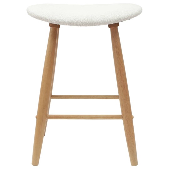 Комплект от 2 ниски бар стола тип табуретки в стил Mid-Century Modern от масивно каучуково дърво в натурален цвят и бяло букле