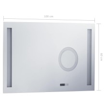 LED стенно огледало за баня със сензор, часовник и увеличителна зона, 100x60 см
