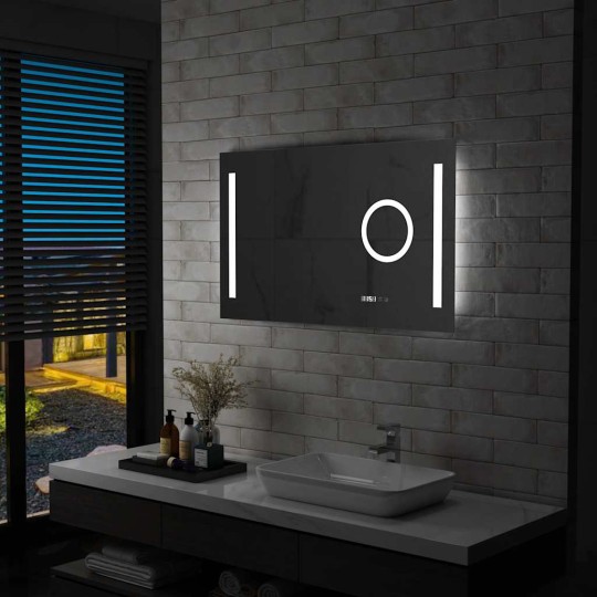 LED стенно огледало за баня със сензор, часовник и увеличителна зона, 100x60 см