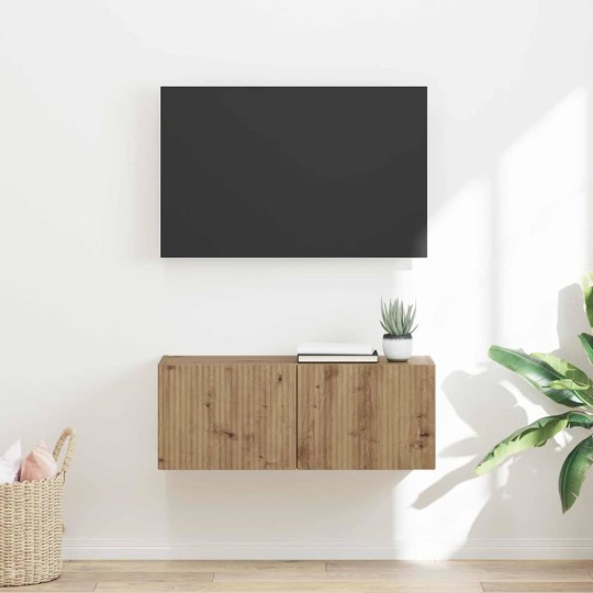 Стенен ТВ шкаф LINEA с вертикално фрезован фронт, дъб артизан, 78,5 x 30 x 29,5 см
