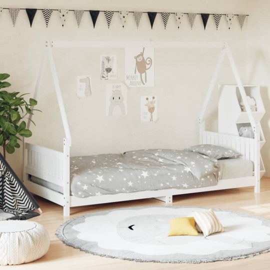 Детско легло къщичка Монтесори от масивна борова дървесина, бяло, 90 x 200 см