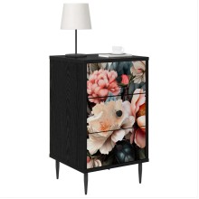 Нощно шкафче BORNE с флорален принт с божури върху фронтовете, черен дъб, 36 x 33 x 61 см