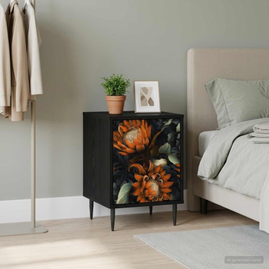 Нощно шкафче LOCHEM с тъмен флорален принт в оранжеви и зелени тонове върху фронтовете, с 1 врати, черен дъб, 36 x 33 x 51 см