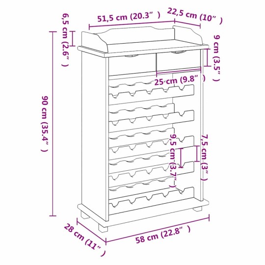 Помощен бар от масивна борова дървесина за 25 бутилки, акация, 58 x 28 x 90 см