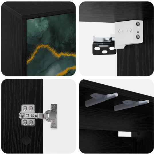 Шкаф WIJHE с принт с тюркоазен мраморен ефект върху фронтовете, с 2 врати, черен дъб, 69 x 33 x 40 см