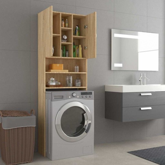 Висок шкаф за пералня с 2 врати и 9 отделения, дъб сонома, 64 x 25,5 x 190 см