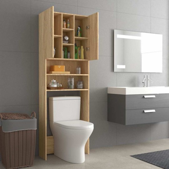 Висок шкаф за пералня с 2 врати и 9 отделения, дъб сонома, 64 x 25,5 x 190 см