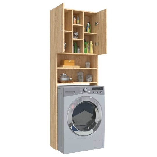 Висок шкаф за пералня с 2 врати и 9 отделения, дъб сонома, 64 x 25,5 x 190 см