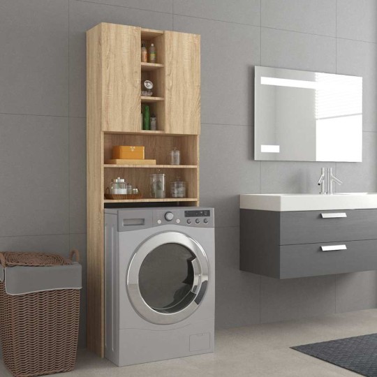 Висок шкаф за пералня с 2 врати и 9 отделения, дъб сонома, 64 x 25,5 x 190 см