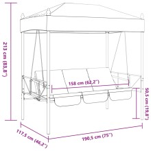 Градинска люлка с навес, антрацитово сиво, размери 190,5 x 117,5 x 213 см
