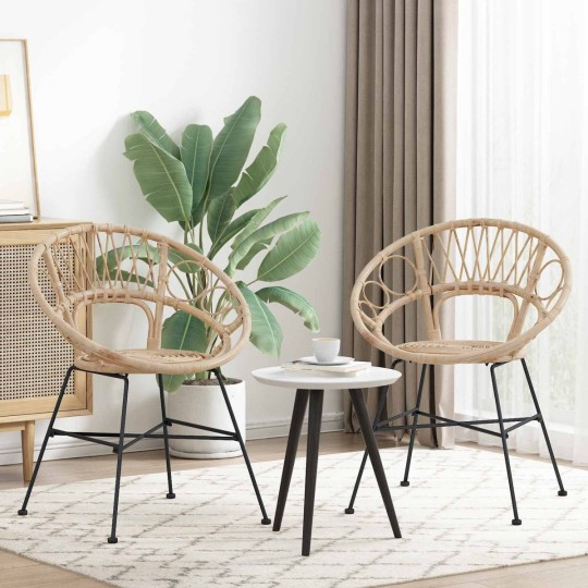 Комплект от 2 трапезни стола тип кресла в стил Modern Boho от естествен ратан и черна желязна рамка