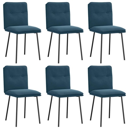 Комплект от 6 трапезни стола в стил Mid-Century Modern от синьо кадифе с декоративни копчета