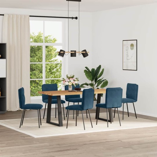 Комплект от 6 трапезни стола в стил Mid-Century Modern от синьо кадифе с декоративни копчета